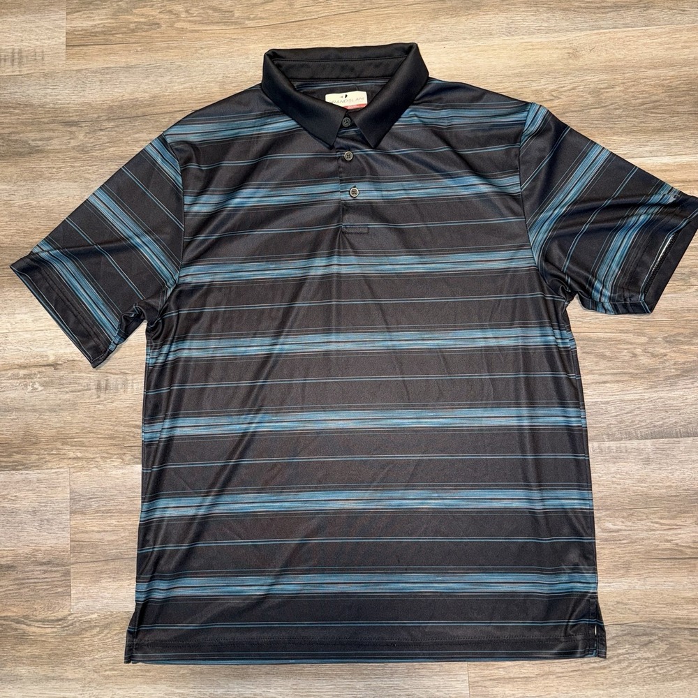 Grand Slam Shirt Polo Mens Large Black Teal Striped Polyester Golf PGA Tour